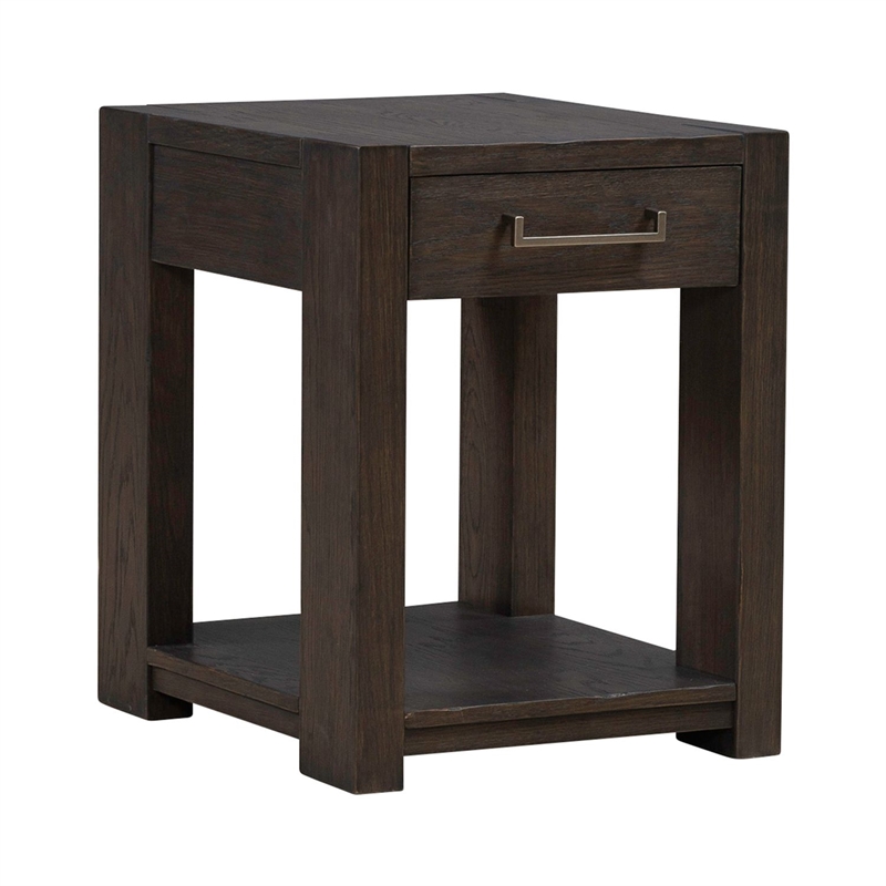 Pemberly Row Chairside Table with Storage Drawer and Open Shelf in Brown