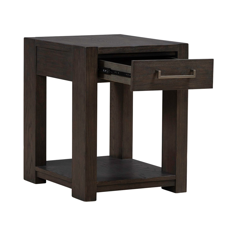 Pemberly Row Chairside Table with Storage Drawer and Open Shelf in Brown