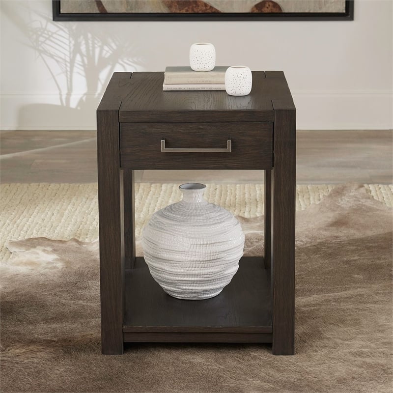 Pemberly Row Chairside Table with Storage Drawer and Open Shelf in Brown