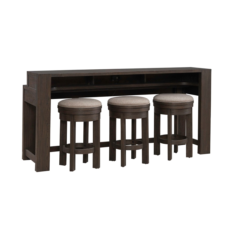 Pemberly Row 4 Piece Console Bar Table Set with Swivel Stools in Brown