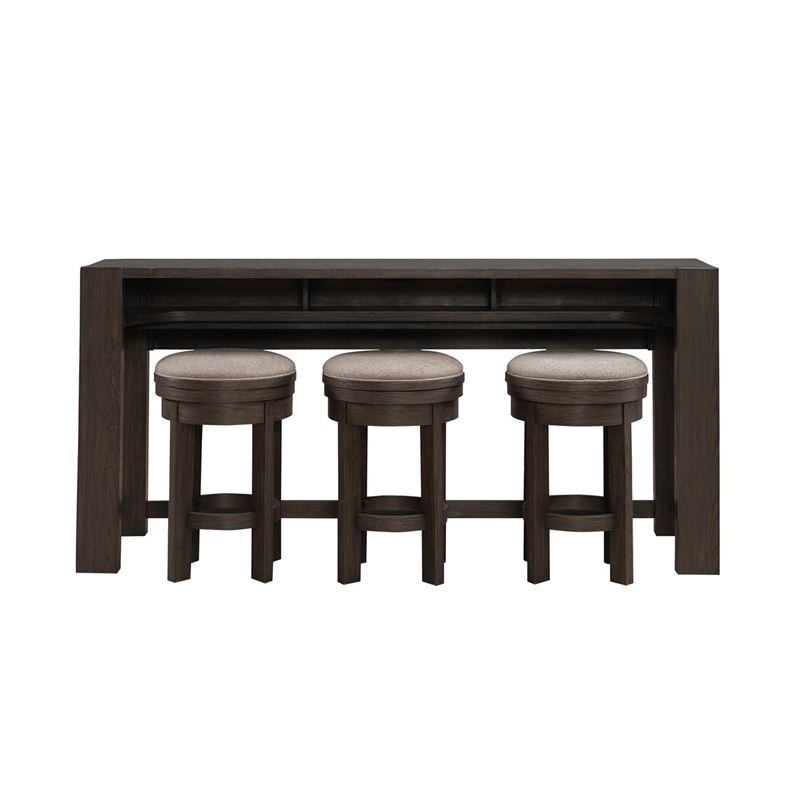 Pemberly Row 4 Piece Console Bar Table Set with Swivel Stools in Brown