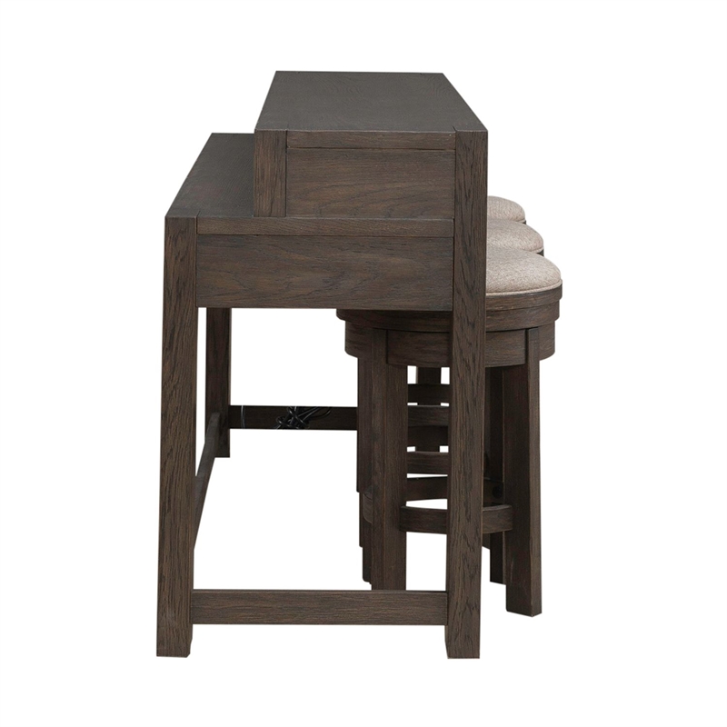 Pemberly Row 4 Piece Console Bar Table Set with Swivel Stools in Brown