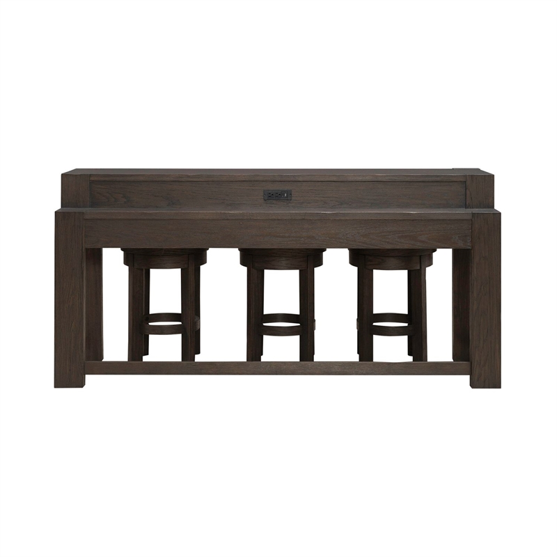 Pemberly Row 4 Piece Console Bar Table Set with Swivel Stools in Brown