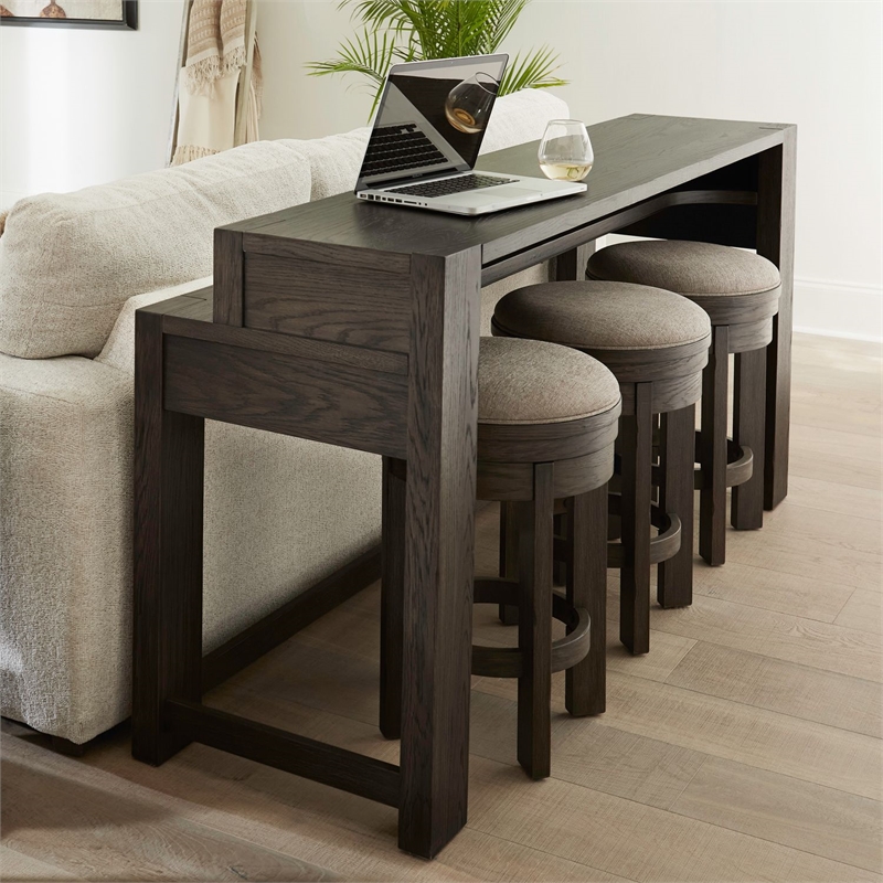 Pemberly Row 4 Piece Console Bar Table Set with Swivel Stools in Brown