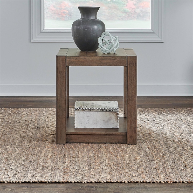 Pemberly Row Square Chairside Table with Planked Top in Brown