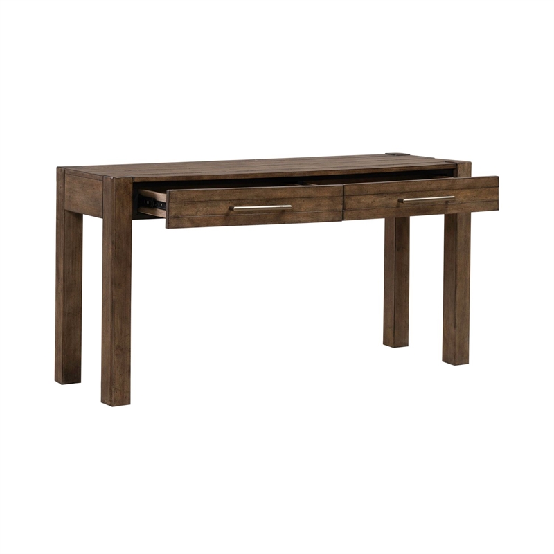 Pemberly Row Console Table with Drawers and Planked Top in Cobblestone Brown