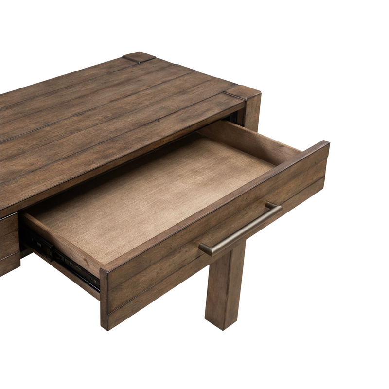 Pemberly Row Console Table with Drawers and Planked Top in Cobblestone Brown