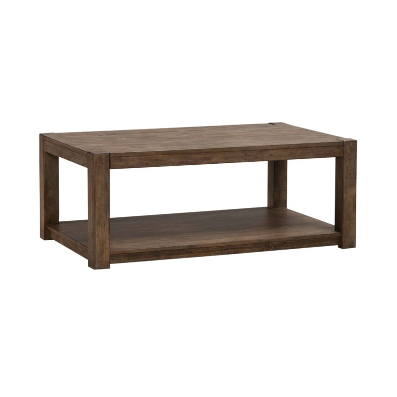 Pemberly Row Rectangular Cocktail Table with Casters and Open Shelf in Brown