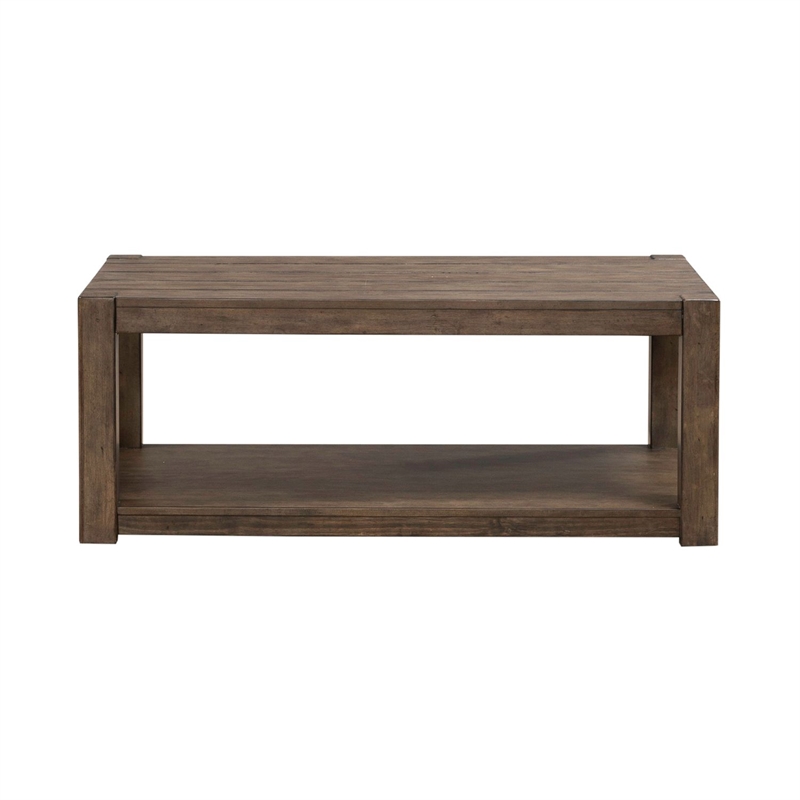 Pemberly Row Rectangular Cocktail Table with Casters and Open Shelf in Brown