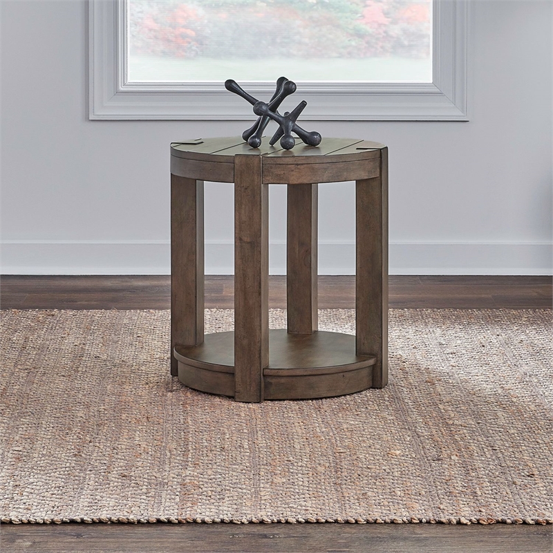 Pemberly Row Round Chairside Table with Planked Top and Open Shelf in Brown