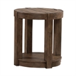 Pemberly Row Round Chairside Table with Planked Top and Open Shelf in Brown