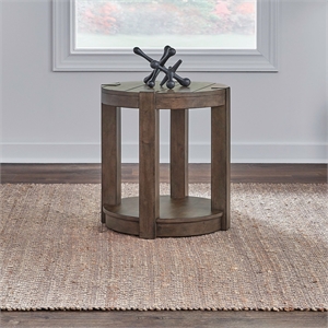 Pemberly Row Round Chairside Table with Planked Top and Open Shelf in Brown