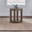 Pemberly Row Round Chairside Table with Planked Top and Open Shelf in Brown