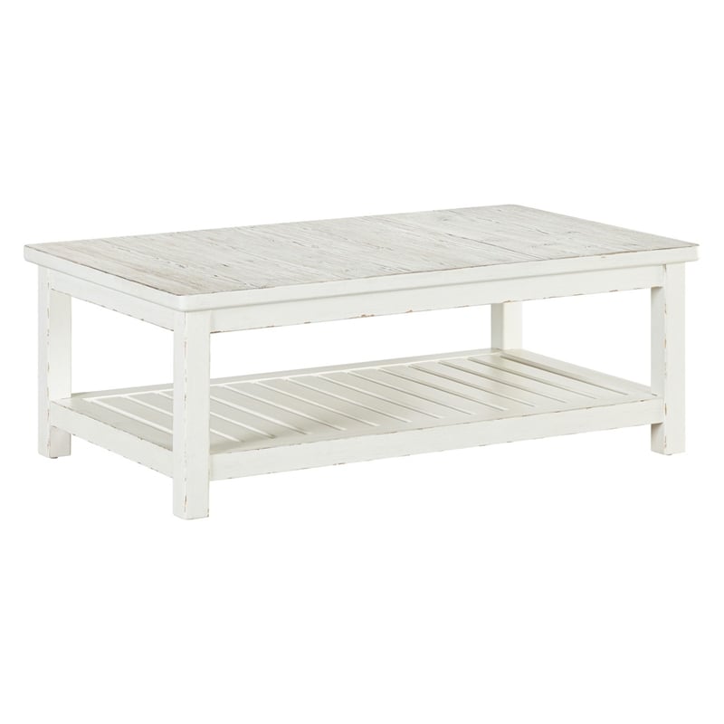 Pemberly Row Rectangular Cocktail Table with Slatted Shelf in White