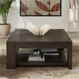 Pemberly Row Oversized Square Cocktail Table with Casters in Brown