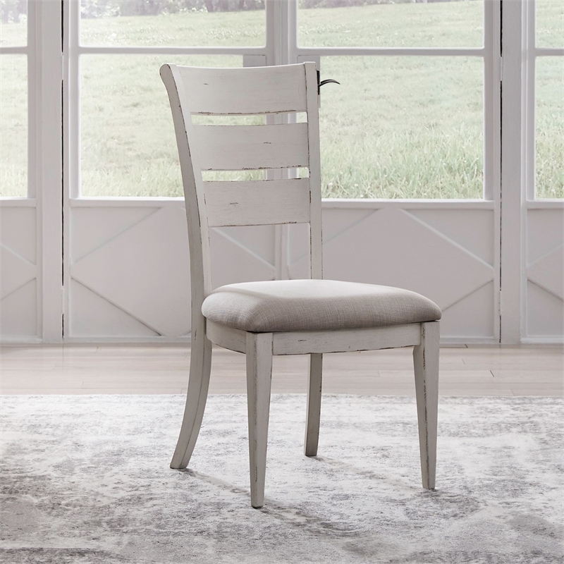 Pemberly Row Ladder Back Side Chair Set of 2 with Flax Upholstery in White