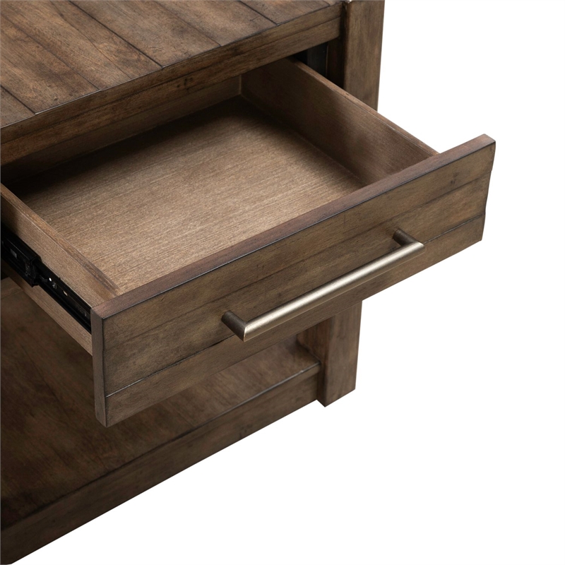 Pemberly Row Drawer End Table with Planked Top and Open Shelf in Brown