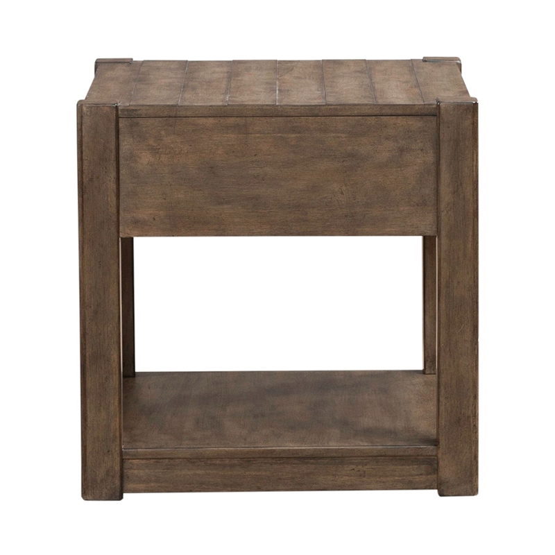 Pemberly Row Drawer End Table with Planked Top and Open Shelf in Brown