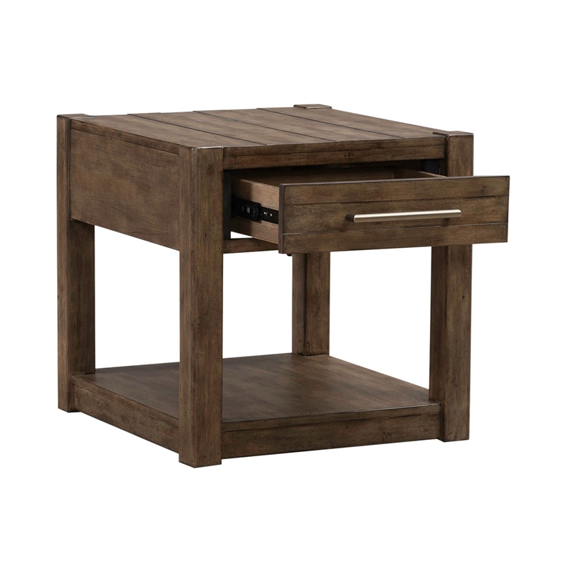 Pemberly Row Drawer End Table with Planked Top and Open Shelf in Brown