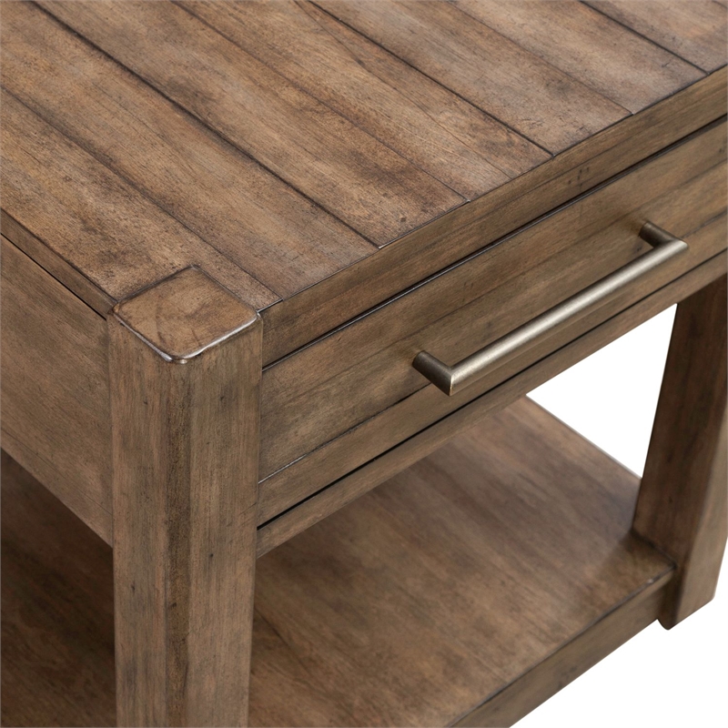 Pemberly Row Drawer End Table with Planked Top and Open Shelf in Brown