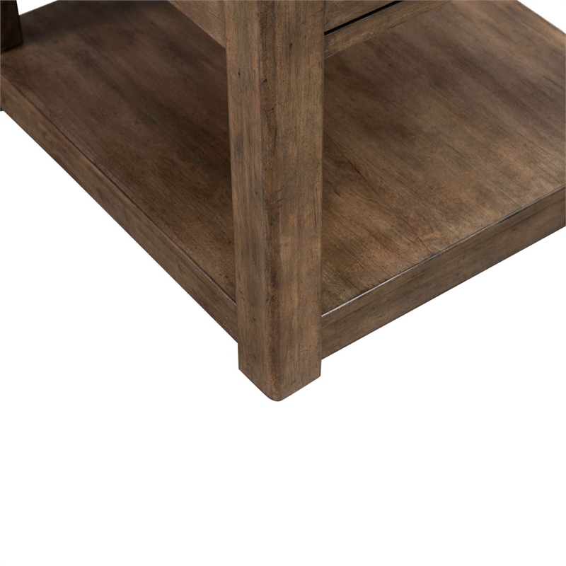Pemberly Row Drawer End Table with Planked Top and Open Shelf in Brown