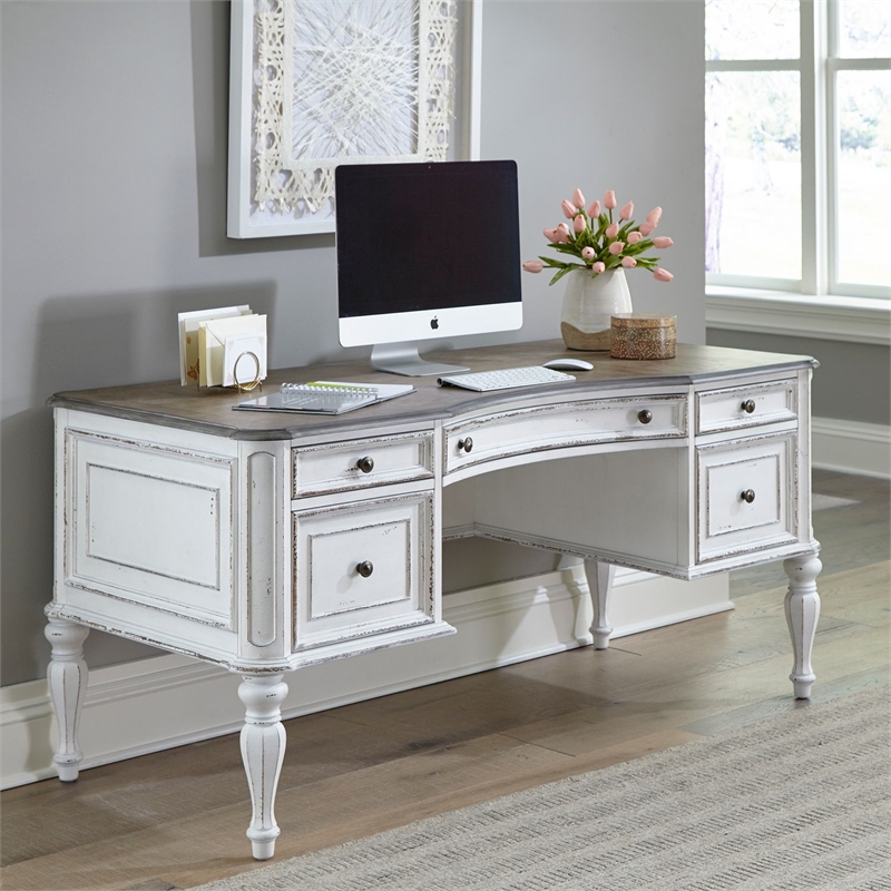 Pemberly Row Office Writing Desk with 5 Storage Drawers in White