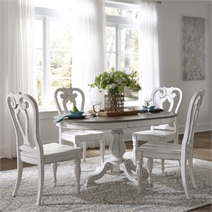 Pemberly Row 5 Piece Pedestal Dining Table Set in Antique White Finish