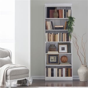 Pemberly Row 84 Inch Bookcase with Fixed Shelves and Planked Back in White