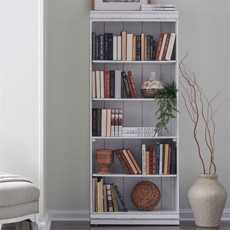 Pemberly Row 72 Inch Bookcase with Fixed Shelves and Planked Back in White