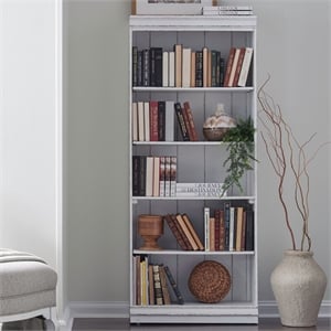 Pemberly Row 72 Inch Bookcase with Fixed Shelves and Planked Back in White