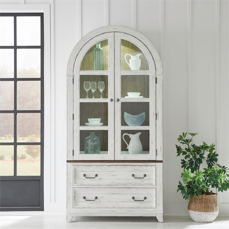 Pemberly Row Curio Cabinet with Seeded Glass Doors and LED Lighting in White