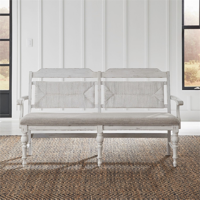 Pemberly Row Panel Back Dining Bench with Scrolled Arms in White