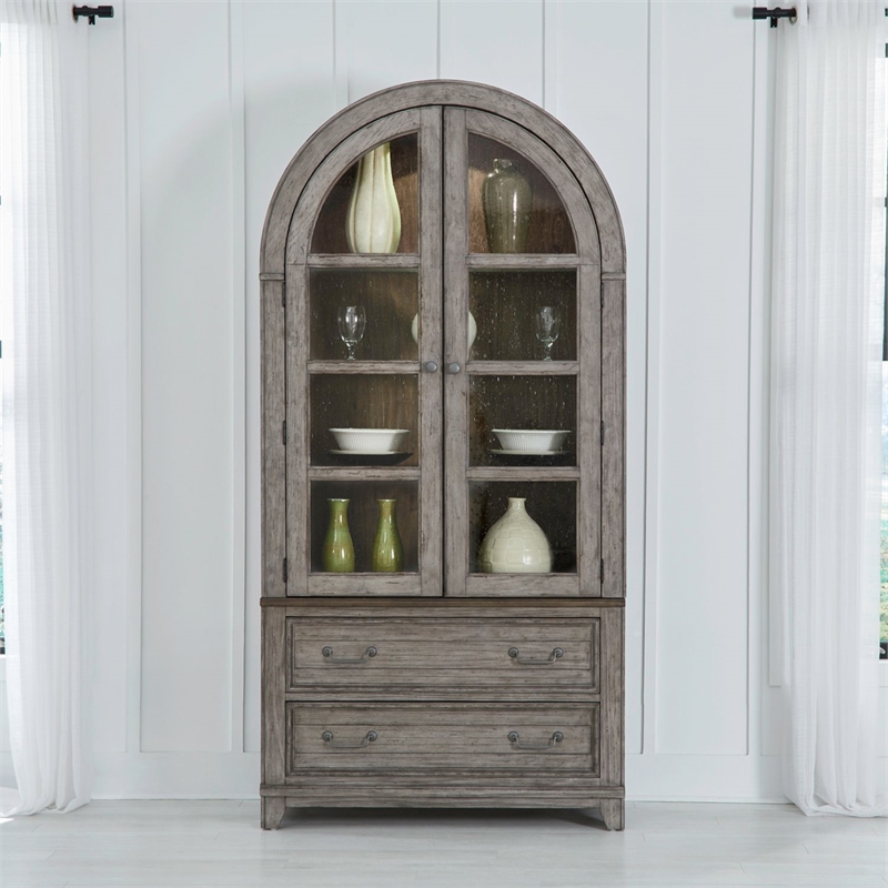 Pemberly Row Curio Cabinet with Seeded Glass Doors and LED Lighting in Gray