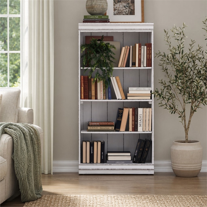 Pemberly Row 60 Inch Bookcase with Fixed Shelves and Planked Back in White