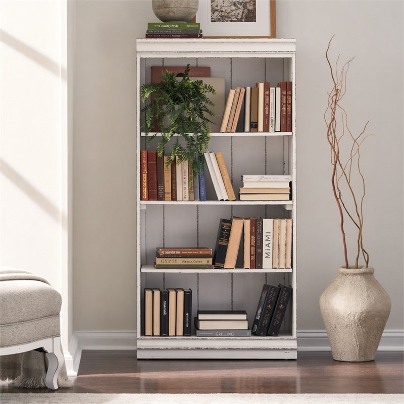 Pemberly Row 60 Inch Bookcase with Fixed Shelves and Planked Back in White