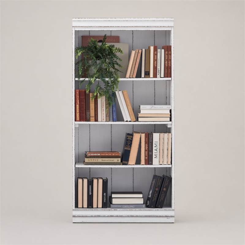 Pemberly Row 60 Inch Bookcase with Fixed Shelves and Planked Back in White