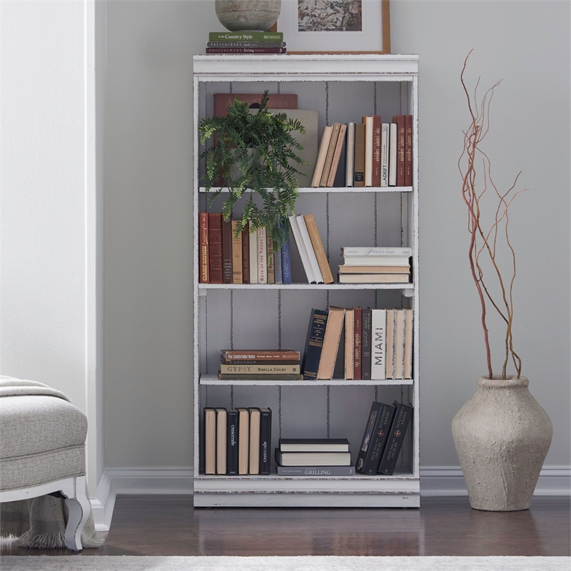 Pemberly Row 60 Inch Bookcase with Fixed Shelves and Planked Back in White