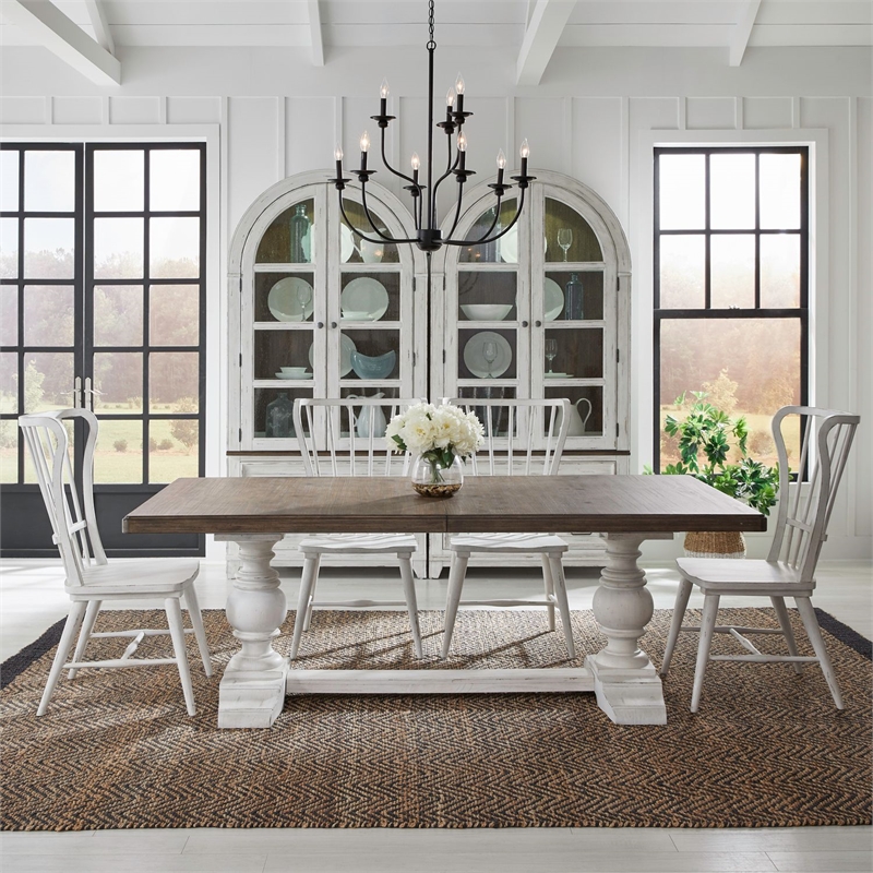 Pemberly Row 5 Piece Trestle Table Dining Room Set with Chairs in White