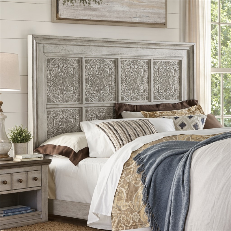 Pemberly Row Queen Decorative Panel Headboard with Ceiling Tile Design in White