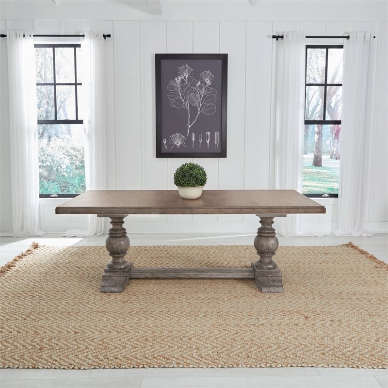 Pemberly Row 9 Piece Trestle Table Dining Room Set with Chairs in Gray Wood