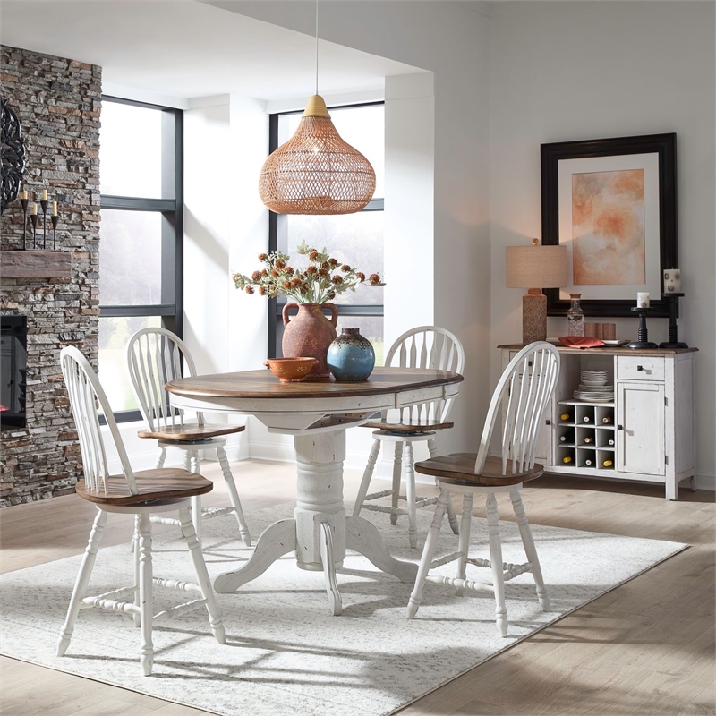 Pemberly Row 5 Piece Gathering Table Set with Windsor Swivel Chairs in White