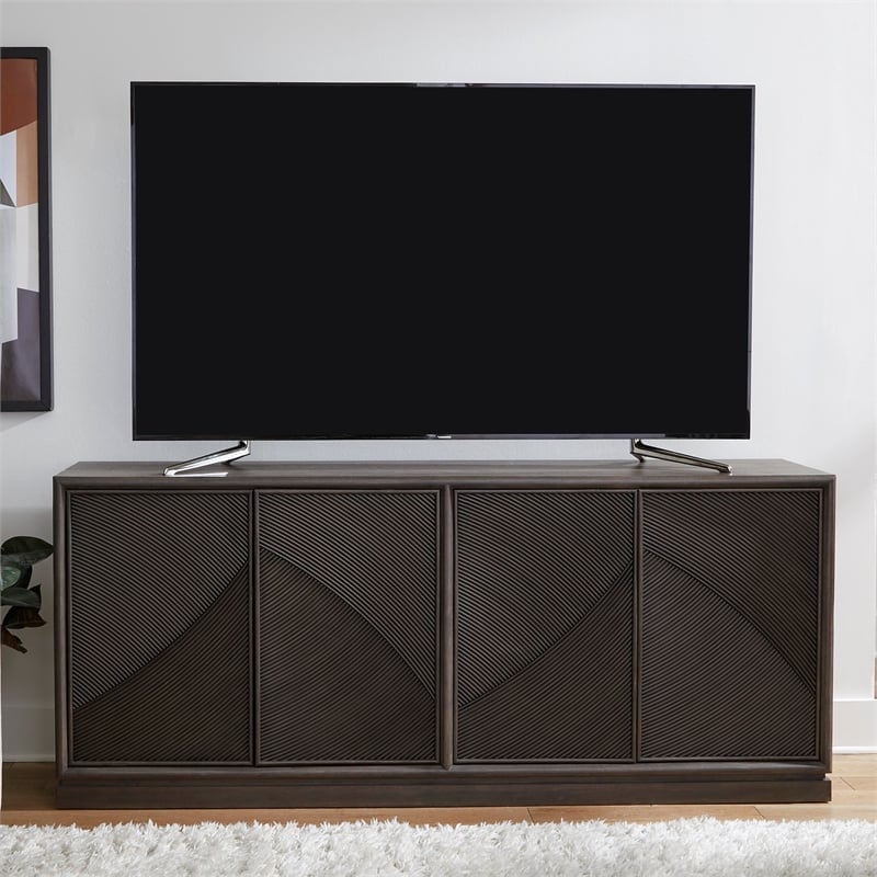 Pemberly Row 4 Door Accent Console with Wave Pattern Reeded Doors in Brown