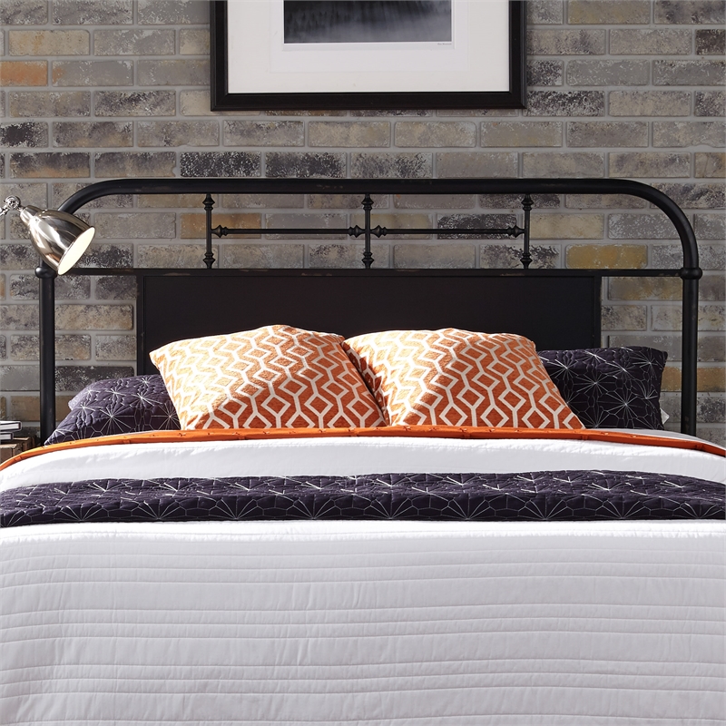 Pemberly Row Queen Metal Bed with Headboard Footboard and Rails in Black