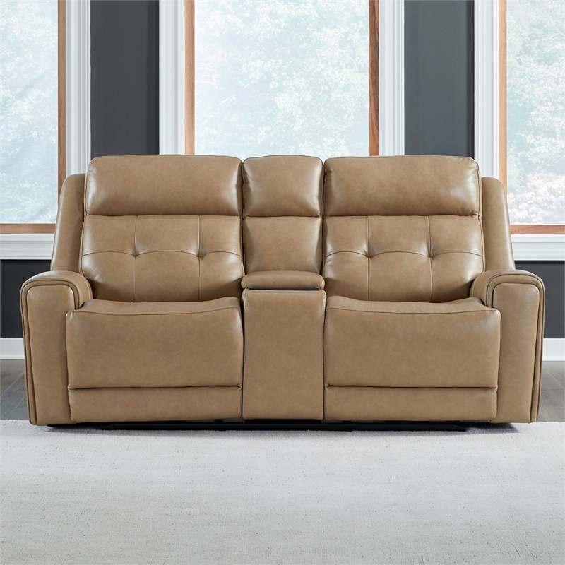 Pemberly Row Power Reclining Loveseat with Console in York Sand Leather