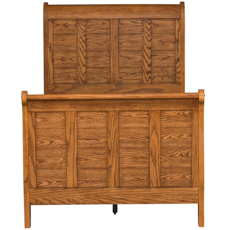 Pemberly Row Twin Sleigh Bed with Center Slat Support in Medium Brown
