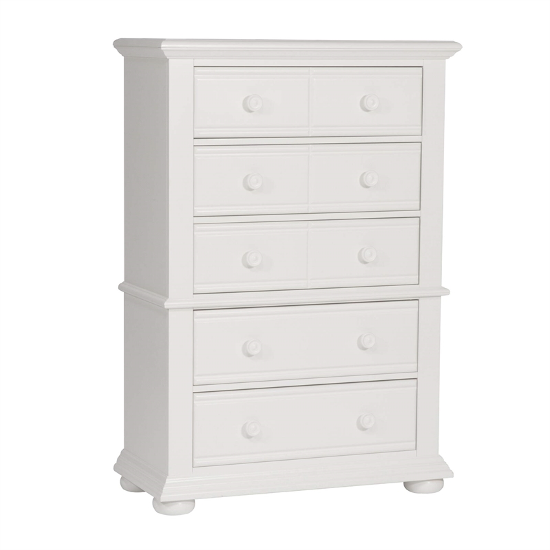 Pemberly Row 5 Drawer Chest with Bun Feet and Felt Lining in Oyster White