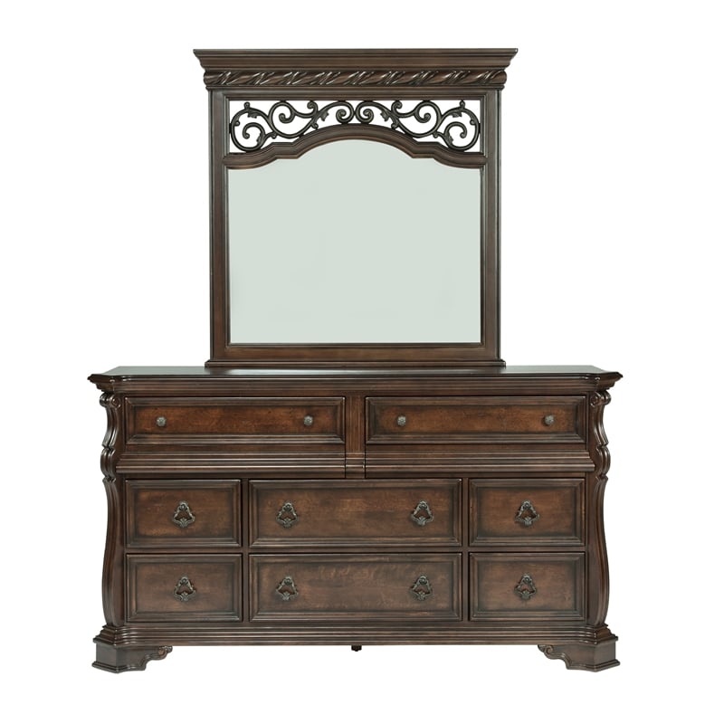 Pemberly Row Wood Dresser & Mirror with Brownstone Finish and 8 Drawers
