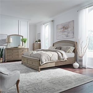 Pemberly Row Queen Upholstered Storage Bed with Dresser Mirror and Chest