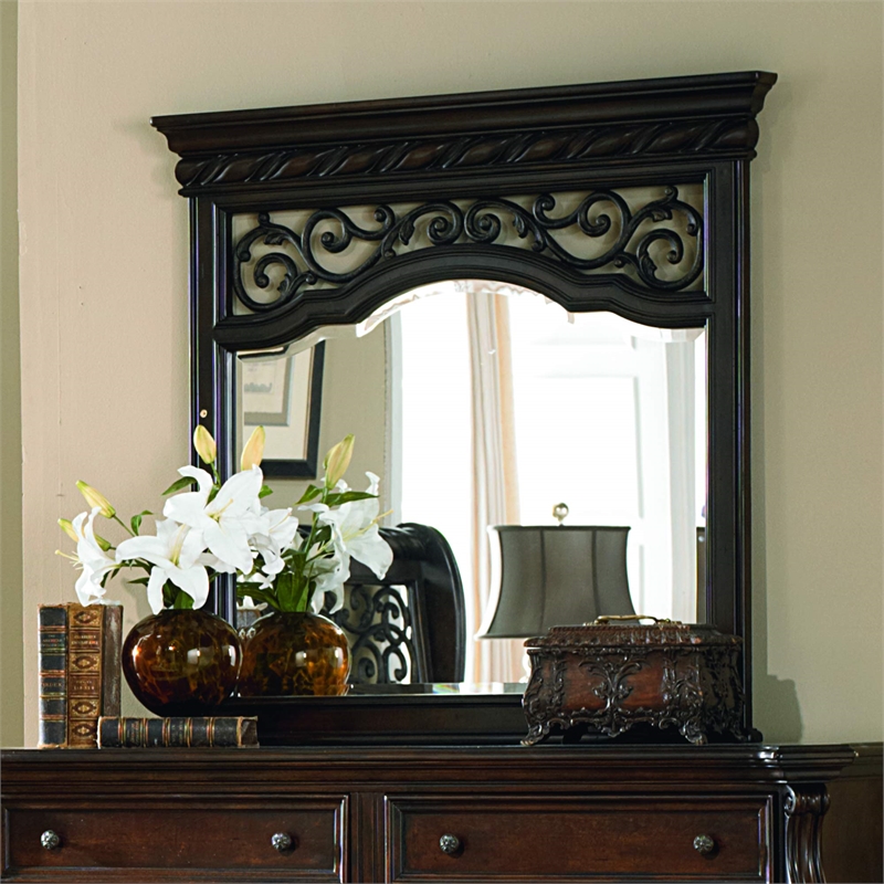 Pemberly Row Beveled Landscape Mirror with Scrolled Brass Inserts in Brownstone