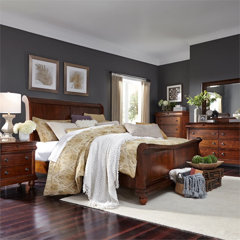 Pemberly Row King Sleigh Bedroom Set in Rustic Brown Wood Finish